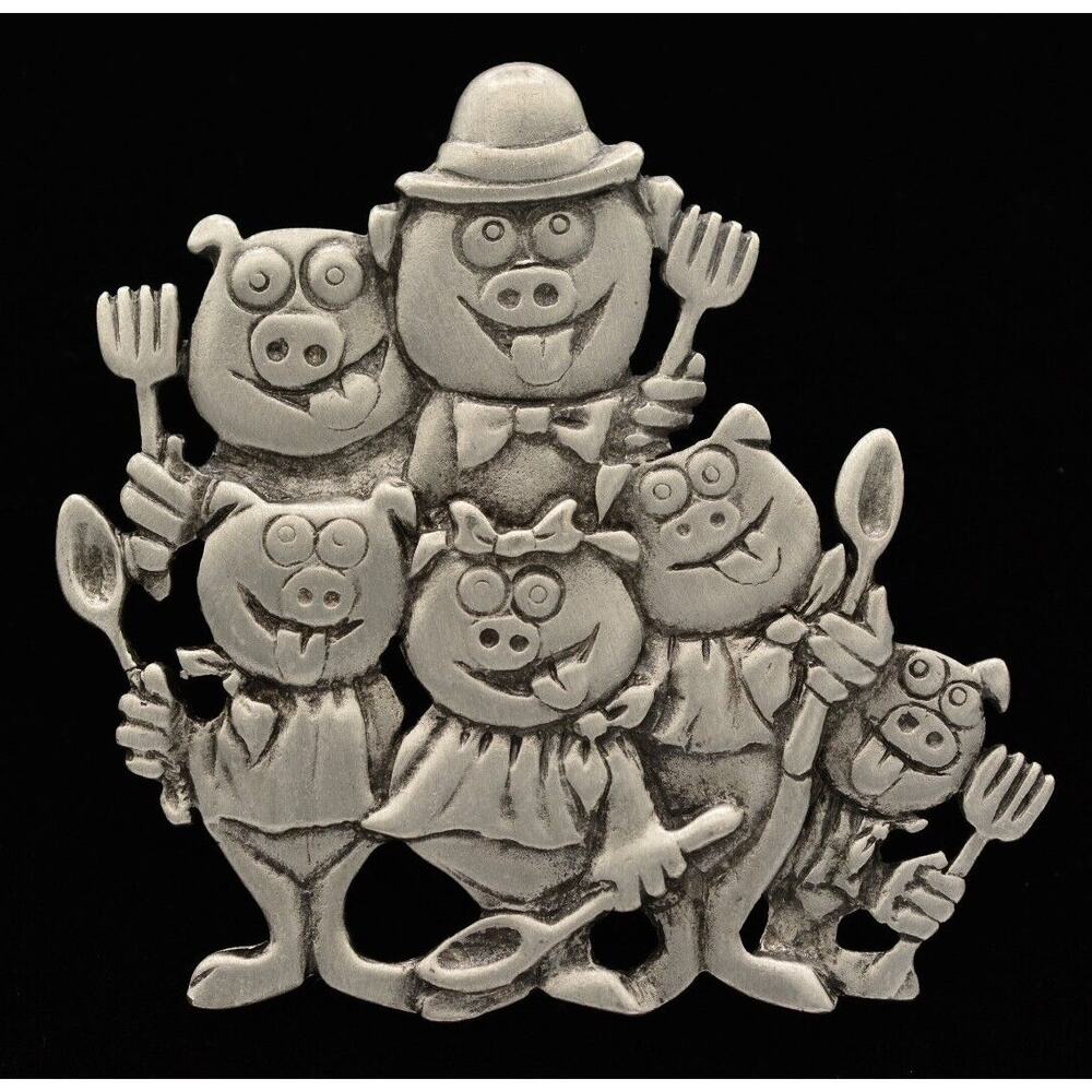 JJ Vintage Pig Pin Brooch Hungry Pigs Family Spoon Fork Pewter Signed 80s BinAH